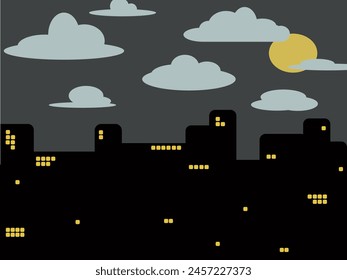 Vida nocturna en la gran ciudad. Paisaje, hecho de edificios abstractos con luz en sus ventanas, nubes de dibujos animados, luna. Ilustración vectorial plana.