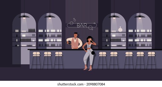 Night Life, Girl Talking On A Cell Phone At The Bar. Vector Illustration For Landing Page Mockup Or Flat Design Advertising Banner.