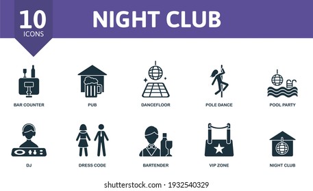 Night Life Icon Set. Contains Editable Icons Night Life Theme Such As Pub, Pole Dance, Dj And More.