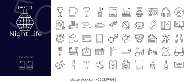 Conjunto de ícones editáveis da linha da vida noturna. Ilustração vetorial em estilo de linha fina moderna de ícones da vida noturna: vida noturna, noite, vida, etc