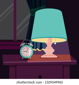 Night Light And Alarm Clock On The Bedside Table With Background Windows And Curtains Vector Illustration