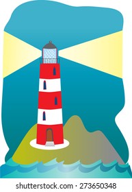 It's night and the light beams shine out from the red and white striped lighthouse standing on a small island, with waves lapping around it. 