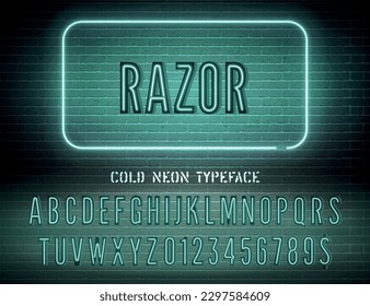 La luz de la noche resplandece el tipo de letra con los números. Signo de color azul con un alfabeto neón estrecho de color verde frío sobre fondo de pared de ladrillo oscuro. Ilustración del vector