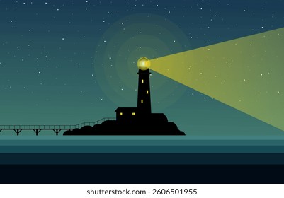 Night Light House Background Vector, Night Sky Sea Light House, Flat night background, lighthouse, rays, night stars sky, vector 