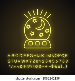 Night light neon light icon. Table lamp with moon and stars. Glowing sign with alphabet, numbers and symbols. Vector isolated illustration