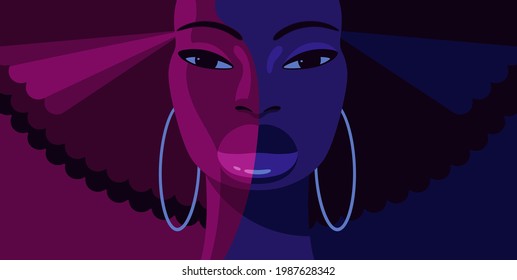 Night light vector portrait of beautiful young black woman with long curly hair and big hoop earrings.  Blue and red lighting effect. Stylized female portrait . 