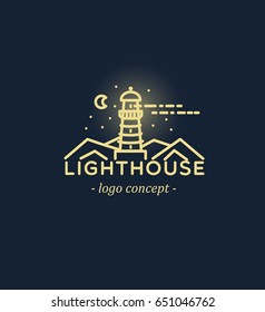Night lighthouse. Linear logo concept.