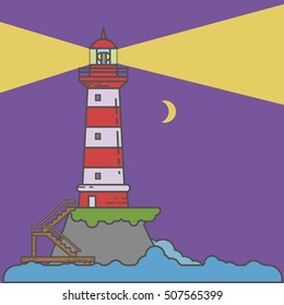 Night lighthouse on island coast icon in outline cartoon styles