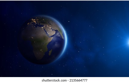 Night lighting Earth globe map 3d vector view from space. Realistic Europe, Africa map with city lights, glowing blue atmosphere and moon shine on background of universe outer space, astronomy science