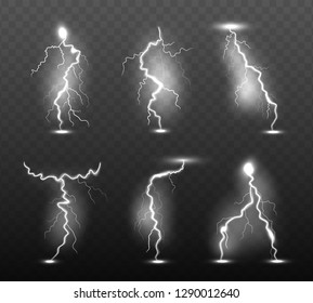 Night lightning. Glow stormy weather light effects power energy electricity thunder rain strike in sky vector realistic collection