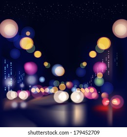 Luces nocturnas de la ciudad, vida nocturna, fondo vectorial abstracto. Luces ciudad urbana y transporte. Efecto Bokeh, desenfoque, tecnología de malla.