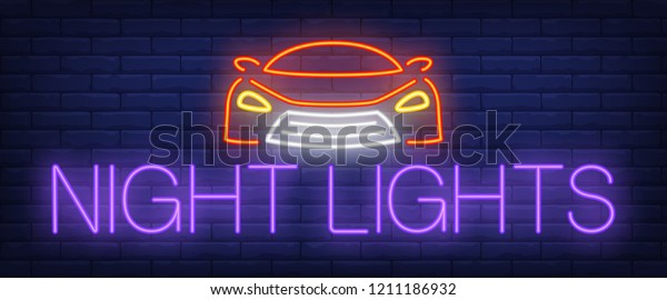 Night lights neon sign. Car front on brick\
background. Auto shop, autocross, headlights. Night bright\
advertisement. Vector illustration in neon style for\
transportation, traffic,\
vehicle