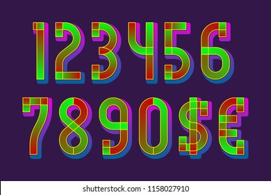 Night lights numbers with dollar and euro symbols in glowing vibrant style.