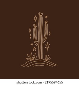 Night line art cactus, modern abstract wild sand plant, linear contemporary meditative harmony landscape minimalist vintage desert Arizona concept. Vector and jpg printable image, unique boho