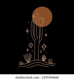 Night line art cactus, modern abstract wild sand plant, linear contemporary meditative harmony landscape minimalist vintage desert Arizona concept. Vector and jpg printable image, unique boho