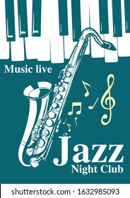 night of live music with background musical instruments saxophone piano and musical notes