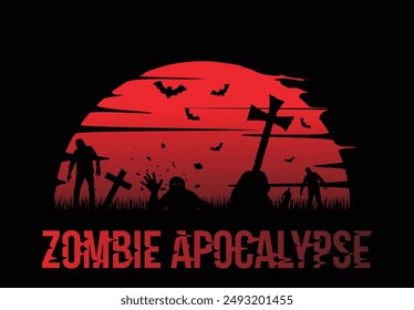 Noche de Muertos Vivos con el Cementerio Sangriento del Atardecer. Apocalipsis zombi y zombies caminando concepto Vector