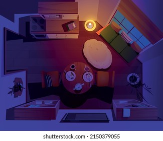 Night Living Or Dining Room Interior Top View. Dark Home Apartment With Sofa, Tv And Round Table With Food, Burning Floor Lamp, Rug, Bookcase And Large Curtained Window, Cartoon Vector Illustration