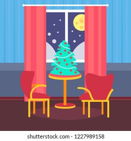 night living room decorated merry christmas happy new year pine tree on table home interior decoration winter holiday concept flat vector illustration
