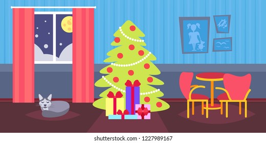 night living room decorated merry christmas happy new year pine tree sleeping cat home interior decoration winter holiday concept flat horizontal vector illustration