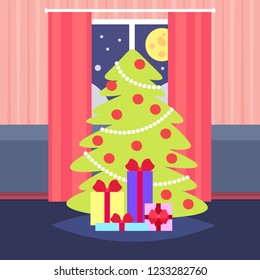 night living room decorated merry christmas happy new year pine tree home interior decoration winter holiday concept flat vector illustration