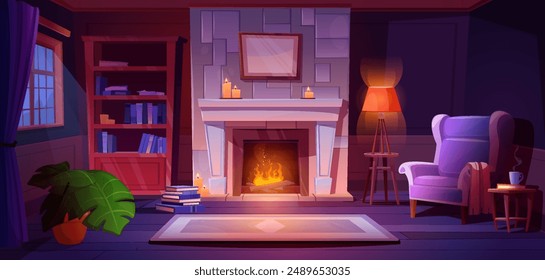 Night living room with fireplace. Vector cartoon illustration of cozy home interior with armchair near fire, floor lamp, books on wooden shelf, candles, picture frame on wall, moonlight in window