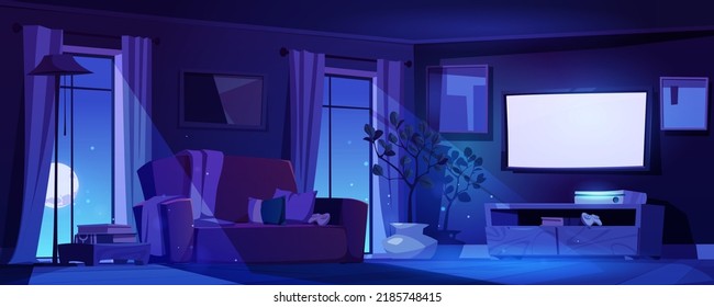 Night Living Room Interior In Moonlight With Tv And Sofa. Modern Dark Home With Furniture And Decor. Apartment With Potted Plant, Game Station And Full Moon In Window. Cartoon Vector Illustration