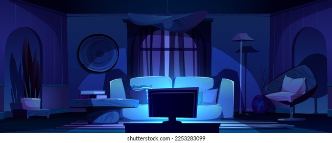 Nachtwohnzimmer mit TV und Möbeln. Vektorgrafik-Cartoon-Illustration des boho-Stil-Hauses mit Sofa, Sessel, Lampe, Topfpflanze, Tischbücher, Teppichboden, französisches Fenster mit Vorhängen