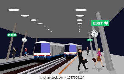 Night location of the sky train station With many people walking  in Thailand,black background 