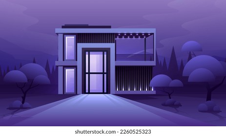 Night loft villa with luminous windows on the garden background. Modern dream house exterior.