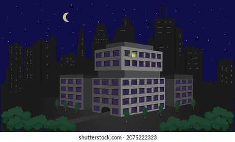 At night, a lonely office building against the background of the city. Vector illustration of the night city. A building with one bright window in the middle of the night. Light in one window.