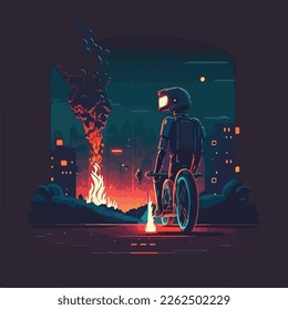 The night, lonely road, the robot is driving a bicycle and smiles, burning cars in the background, flat-style illustration