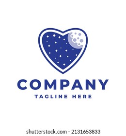 night love logo. love or heart in night illustration with a moon and stars logo design