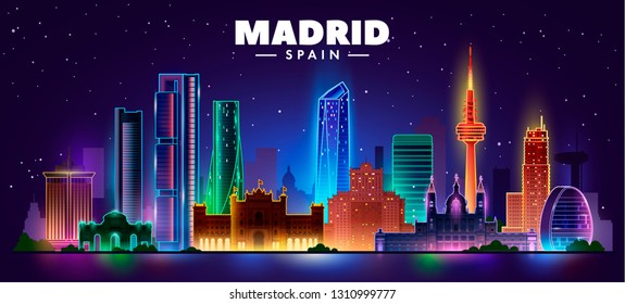 Night madrid skyline. Vector illustration