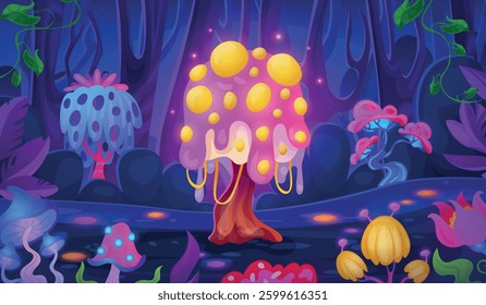 Night magic forest landscape. Fantasy enchanted nature, alien jungle fairy tale world game level dream dark background magical trees plants cartoon scene swanky vector illustration original artwork
