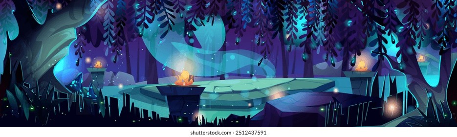 Night magic forest with stone arena landscape illustration. Fairy tale nature garden scene with enchanted meadow and firefly glow on Halloween. Ancient rock altar space in mystery greenery world