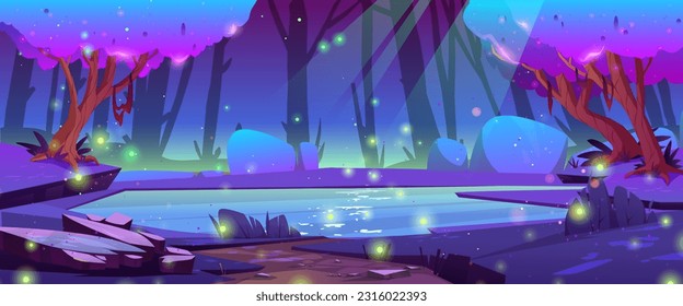 Nachtmagische Waldwälder mit mystischer Sumpf-Cartoon-Vektorlandschaft. Fantasy bezauberte Wald mit Weg zum See mit Flitterwochen. Mysteriöse lila-märchenhafte Panorama-Szene mit niemandem