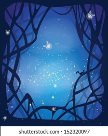 Night magic scene with fireflies and running squirrel. Place for your message in the middle. EPS10