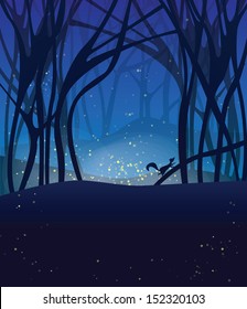Night magic scene with fireflies and running squirrel. EPS10