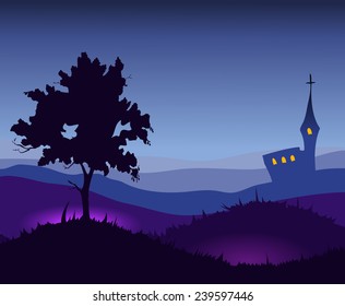 Night Magical Environment with mystic Glow and a Church in the Background, Vector Illustration. 