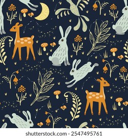 Night magical forest pattern design with animals - cute deer and rabbits