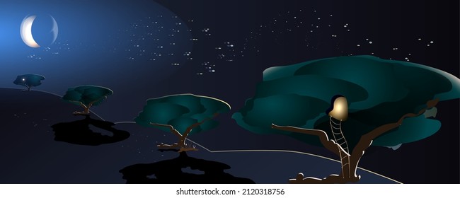 Night magical forest. Surreal vector illustration

