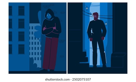 night man dark alley vector. silhouette black, street city, road white night man dark alley character. people flat cartoon illustration