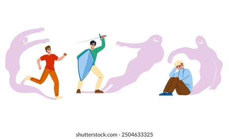 night man shadow fear vector. terror dread, unknown lurking, eerie paranoia night man shadow fear character. people flat cartoon illustration