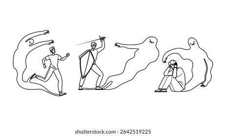night man shadow fear vector. terror dread, unknown lurking, eerie paranoia night man shadow fear character. people black line pencil drawing illustration
