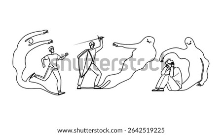 night man shadow fear vector. terror dread, unknown lurking, eerie paranoia night man shadow fear character. people black line pencil drawing illustration