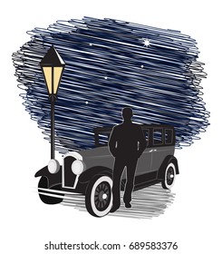 Night. Man stands next to a retro car under a street lamp. Vector illustration