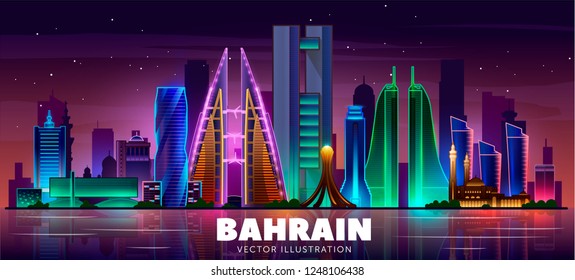 Night Manama city skyline. The capital of the country is Bahrain. Vector illustration.