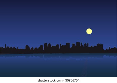 Night of the Manhattan. Manhattan from Liberty Park. Vector illustration.