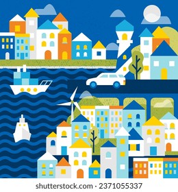 Night Marine City Landscape. Vector Illustration of Ukraine City. Waves Water and Buildings. Sea. Houses.